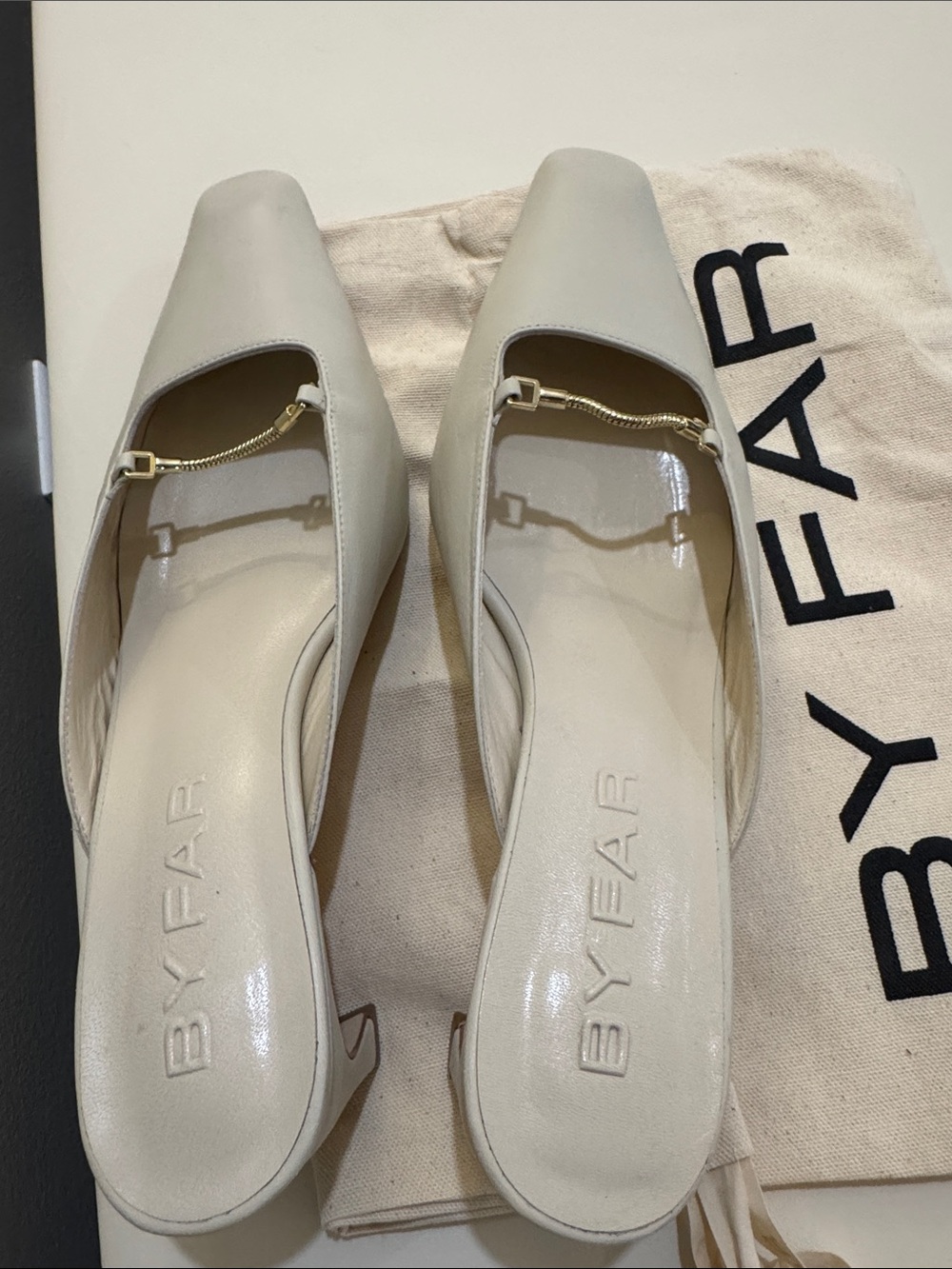 BY FAR Ivory Pointed-Toe Leather Kitten Heel Mules - Picture 3 of 5
